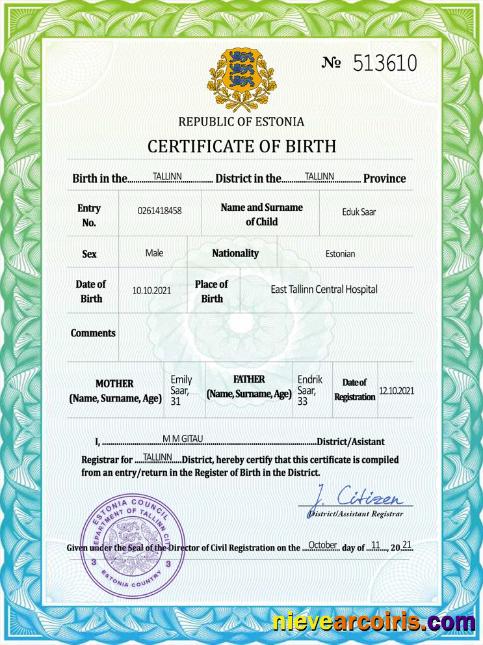 Estonia vital record birth certificate